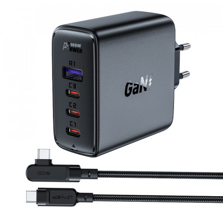 Зарядно за стена ACEFAST GaN 100W USB Type A / 3x USB Type C черен + ъглов кабел USB Type C към USB Type C 2m черно