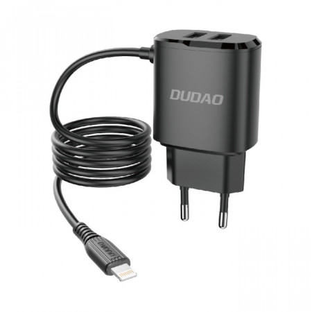 Зарядно за стена DUDAO A2 ProL 12W 2x USB Type A с вграден кабел Lightning черно - Img 1