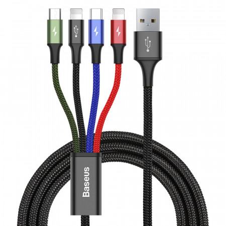 Кабел за зареждане и данни с оплетка BASEUS кабел USB 4in1 USB Type A към 2x Lightning / USB Type C / micro USB 3.5A 1.2m черен (CA1T4-A01)