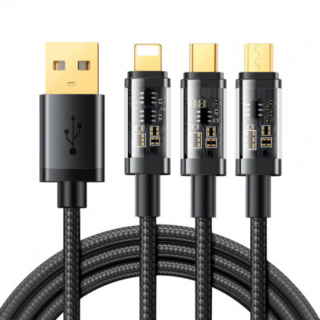 Кабел за зареждане и данни с оплетка JOYROOM 3in1 USB Type A към USB Type C / Lightning / micro USB 3.5A 1.2m черен (S-1T3015A5) - Img 1