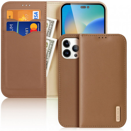 Калъф тип книга от естествена кожа DUX DUCIS Hivo със система против кражба - iPhone 14 Pro Max кафяв