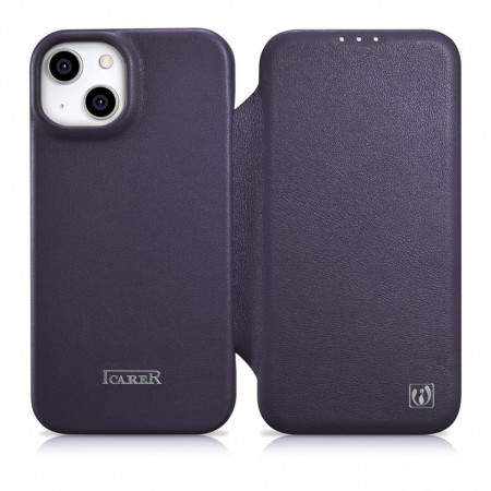 Калъф тип книга от естествена кожа iCARER CE Oil Wax Premium MagSafe - iPhone 14 Plus тъмнолилав