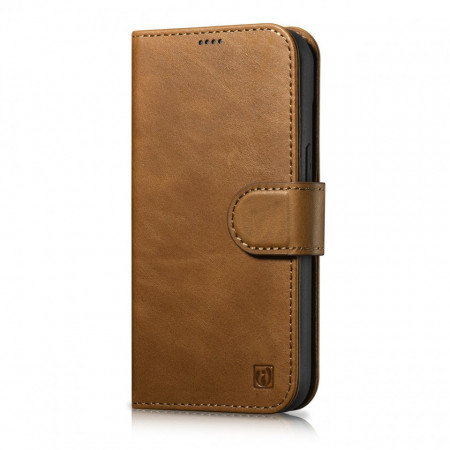 Калъф тип книга от естествена кожа iCARER Oil Wax Wallet 2в1 против кражба - iPhone 14 Pro Max кафяв