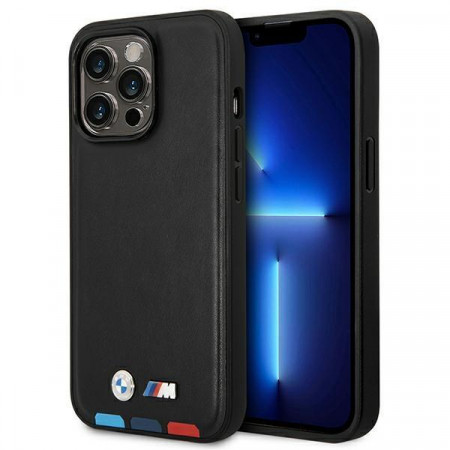 Оригинален гръб от естествена кожа BMW Leather Stamp Tricolor MagSafe BMHMP14L22PTDK - iPhone 14 Pro черен