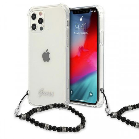 Оригинален гръб с гривна GUESS черен Pearl GUHCP12MKPSBK - iPhone 12 / 12 Pro прозрачен