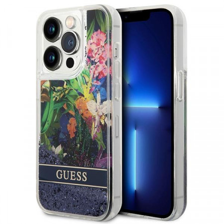 Оригинален гръб GUESS Flower Liquid Glitter GUHCP14LLFLSB - iPhone 14 Pro син