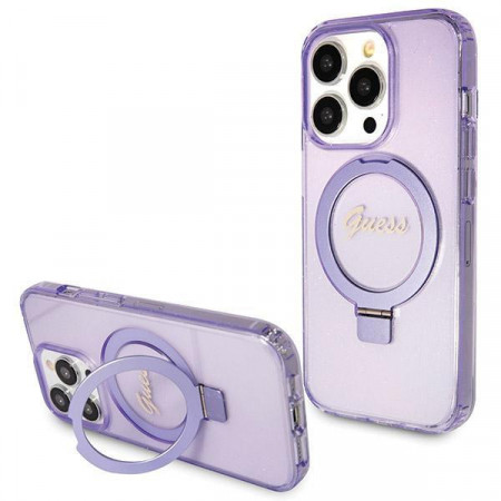 Оригинален гръб GUESS Ring Stand Script Glitter MagSafe - iPhone 14 Pro лилав