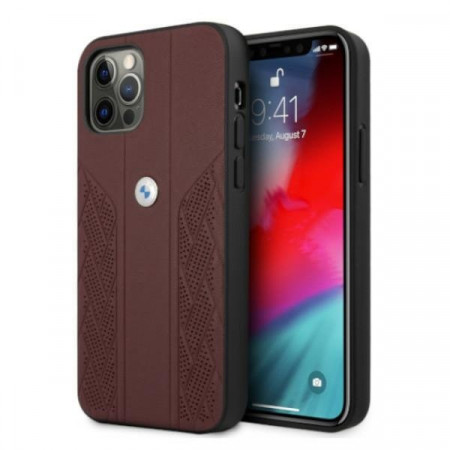 Оригинален твърд гръб от еко кожа BMW Leather Curve Perforate BMHCP12MRSPPR - iPhone 12 / 12 Pro червен