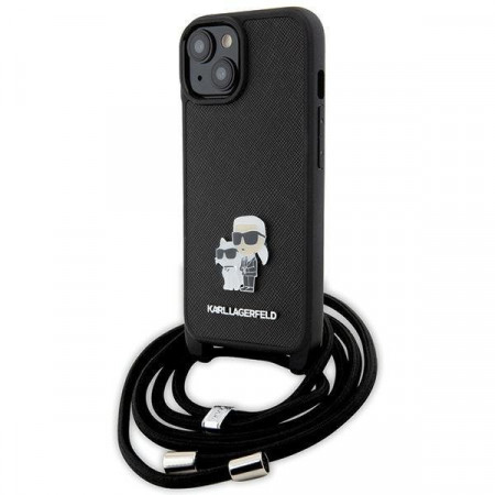 Оригинален твърд гръб с презрамка KARL LAGERFELD Saffiano Metal Pin Karl & Choupette - iPhone 15 черен