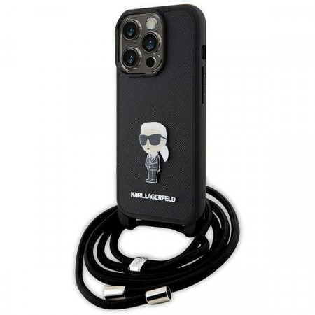 Оригинален твърд гръб с презрамка KARL LAGERFELD Saffiano Monogram Metal Pin Karl & Choupette - iPhone 15 Pro черен