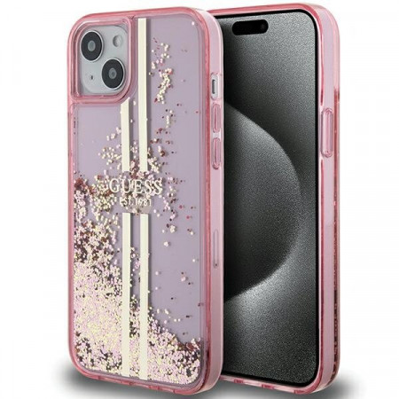 Оригинален твърд гръб GUESS Liquid Glitter Gold Stripes - iPhone 15 Plus / 14 Plus розов