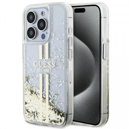 Оригинален твърд гръб GUESS Liquid Glitter Gold Stripes - iPhone 15 Pro прозрачен