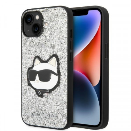 Оригинален твърд гръб KARL LAGERFELD Glitter Choupette Patch KLHCP14MG2CPS - iPhone 14 Plus сребрист