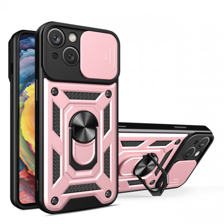 Подсилен гръб Hybrid Armor Camshield с подвижно покритие за камерата и стойка - iPhone 15 Plus розов