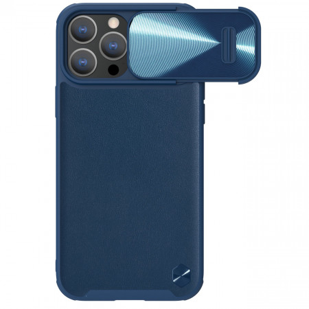 Гръб от естествена кожа с подвижно покритие за камерата NILLKIN CamShield Leather S - iPhone 14 Pro син