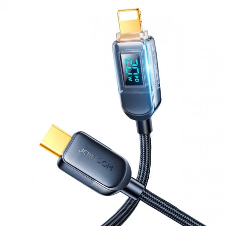 Кабел за зареждане и данни с дисплей и оплетка JOYROOM USB Type C към Lightning 20W 1.2m черен (S-CL020A4)
