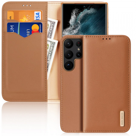Калъф тип книга от естествена кожа DUX DUCIS Hivo със система против кражба - Samsung Galaxy S23 Ultra кафяв - Img 1
