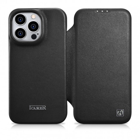 Калъф тип книга от естествена кожа iCARER CE Oil Wax Premium MagSafe - iPhone 14 Pro черен