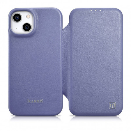 Калъф тип книга от естествена кожа iCARER CE Oil Wax Premium MagSafe - iPhone 14 Plus светлолилав