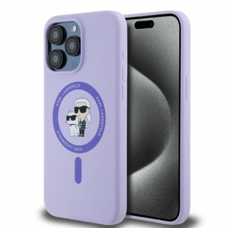Оригилен Калъф Karl Lagerfeld Silicone Karl&amp;Choupette Heads Ring MagSafe Case for iPhone 15 Pro Max - Лилав