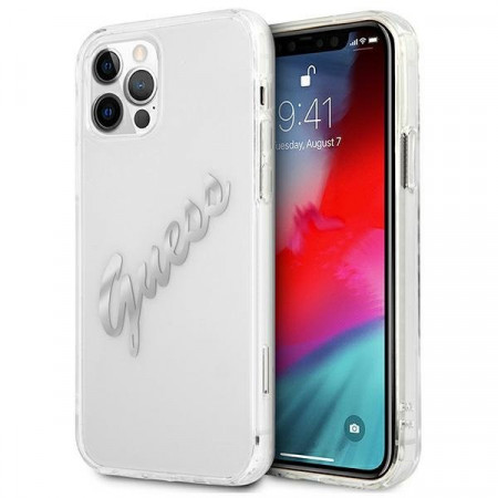 Оригинален гръб GUESS Vintage Script Silver GUHCP12LKTRSVSI - iPhone 12 Pro Max прозрачен