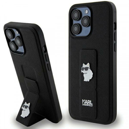 Оригинален гръб KARL LAGERFELD Gripstand Saffiano Choupette Pins - iPhone 13 Pro Max черен