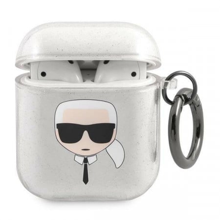 Оригинален калъф за слушалки Karl LAGERFELD Glitter Karl's Head KLA2UKHGS - AirPods 1 / 2 сив