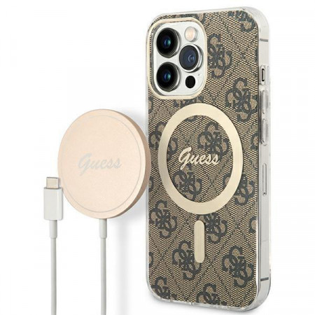 Оригинален комплект GUESS 4G Print (гръб + зарядно) MagSafe GUBPP13LH4EACSW - iPhone 13 Pro кафяв