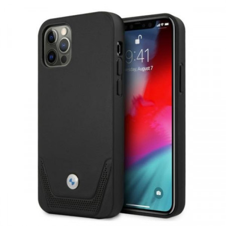 Оригинален твърд гръб от еко кожа BMW Leather Perforate BMHCP12MRSWPK - iPhone 12 / 12 Pro черен