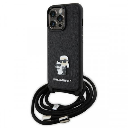 Оригинален твърд гръб с презрамка KARL LAGERFELD Saffiano Metal Pin Karl & Choupette KLHCP13LSAKCPSK case - iPhone 13 Pro черен Crossbody Saffiano Metal Pin Karl & Choupette