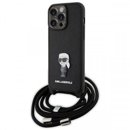 Оригинален твърд гръб с презрамка KARL LAGERFELD Saffiano Monogram Metal Pin Karl & Choupette - iPhone 15 Pro Max черен