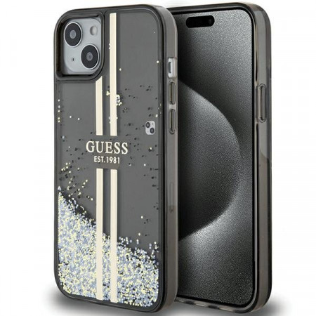 Оригинален твърд гръб GUESS Liquid Glitter Gold Stripes - iPhone 13 / 14 / 15 черен