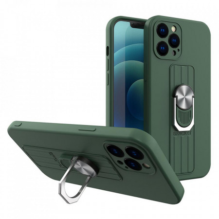 Силиконов гръб с държач-стойка Ring - iPhone 12 Pro тъмнозелен
