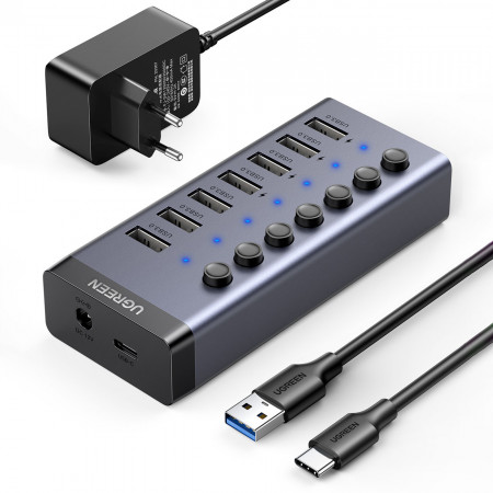 USB хъб UGREEN 7в1 USB Type C към 7x USB Type A 3.0 PD DC 12V (CM481) сив