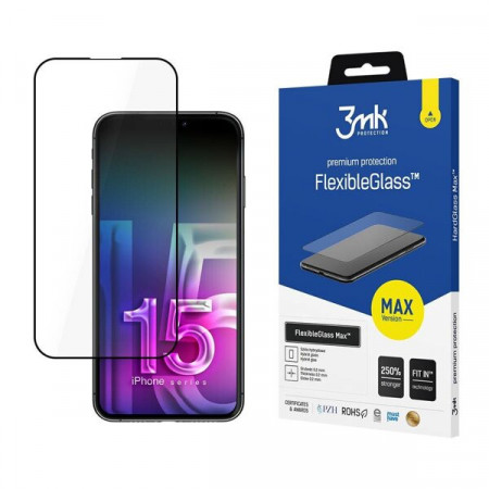 Гъвкав протектор с пълно покритие 3mk Flexible Glass Max - iPhone 15 Plus с черна рамка