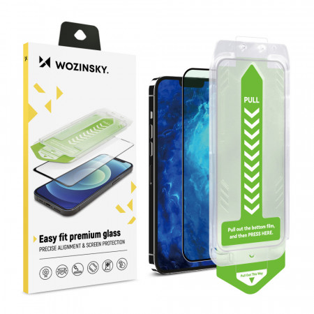 Закален стъклен протектор с инструмент за поставяне WOZINSKY Premium - iPhone 15 с черна рамка