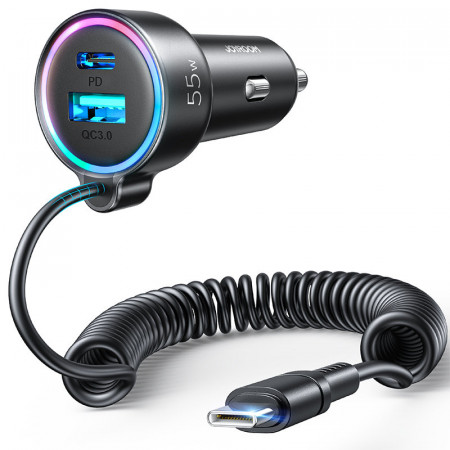 Зарядно за кола JOYROOM 3в1 55W USB Type A / USB Type C с кабел USB Type C 1.5m (JR-CL07) черно