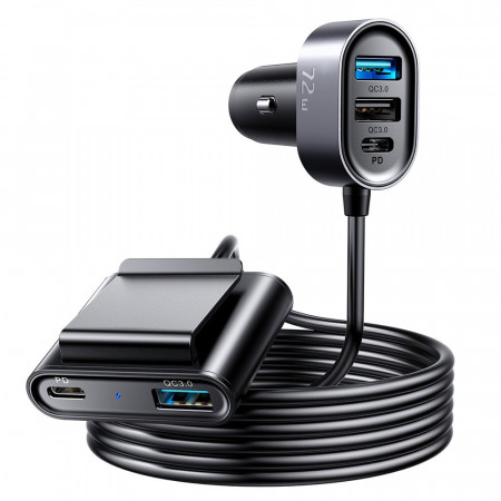 Зарядно за кола JOYROOM 72W 2x USB Type A / USB Type C с удължител за задната седалка USB Type A / USB Type C PD QC 3.0 1.5m (JR-CL05) черно