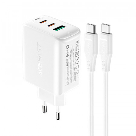 Зарядно за стена ACEFAST 2в1 65W USB Type A / 2x USB Type C PD QC3.0 AFC FCP + кабел USB Type C към USB Type C (A13) бяло - Img 1