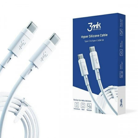 Кабел за зареждане и данни 3MK HyperSilicone USB Type C към USB Type C 60W 3A 1m бял