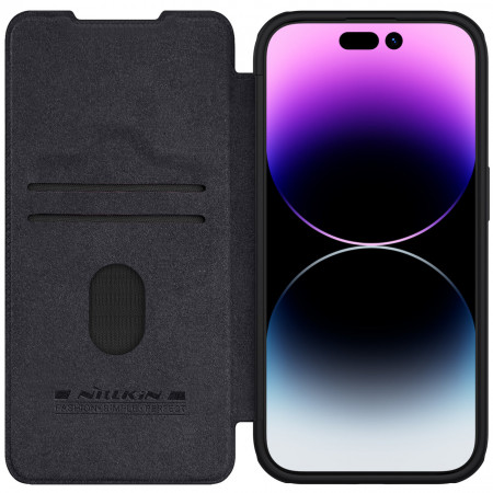 Калъф тип книга от еко кожа с подвижно покритие за камерата NILLKIN Qin Leather Pro - iPhone 15 Pro Max черен