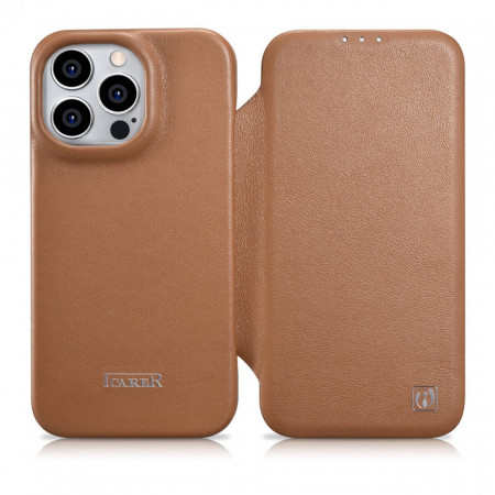 Калъф тип книга от естествена кожа iCARER CE Oil Wax Premium MagSafe - iPhone 14 Pro кафяв