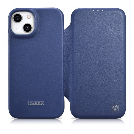 Калъф тип книга от естествена кожа iCARER CE Oil Wax Premium MagSafe - iPhone 14 Plus син