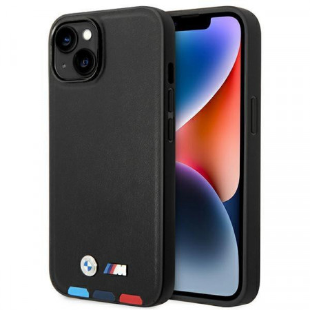 Оригинален гръб от естествена кожа BMW Leather Stamp Tricolor BMHCP14M22PTDK - iPhone 14 Plus черен