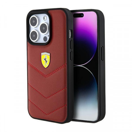 Оригинален гръб FERRARI Leather Stitched Lines - iPhone 15 Pro червен