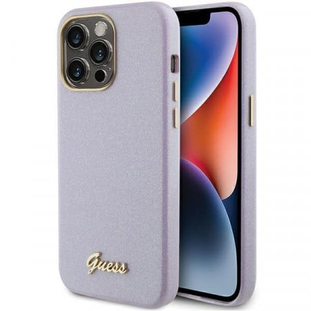 Оригинален гръб GUESS Glitter Glossy Script - iPhone 15 Pro Max лилав