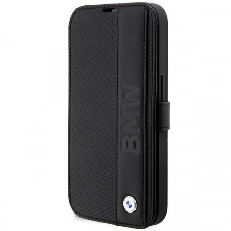 Оригинален калъф тип книга BMW Leather Textured & Stripe BMBKP14L22RDPK - iPhone 14 Pro черен