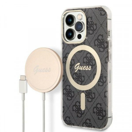 Оригинален комплект GUESS 4G Print (гръб + зарядно) MagSafe GUBPP13XH4EACSK - iPhone 13 Pro Max черен