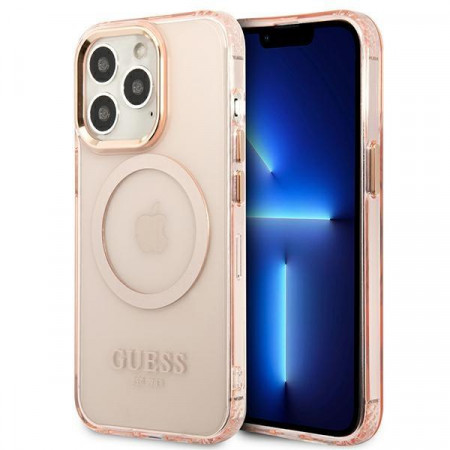Оригинален полупрозрачен твърд гръб GUESS Gold Outline MagSafe GUHMP13LHTCMP - iPhone 13 Pro розов