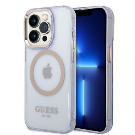 Оригинален полупрозрачен твърд гръб GUESS Gold Outline MagSafe GUHMP14LHTCMU - iPhone 14 Pro лилав